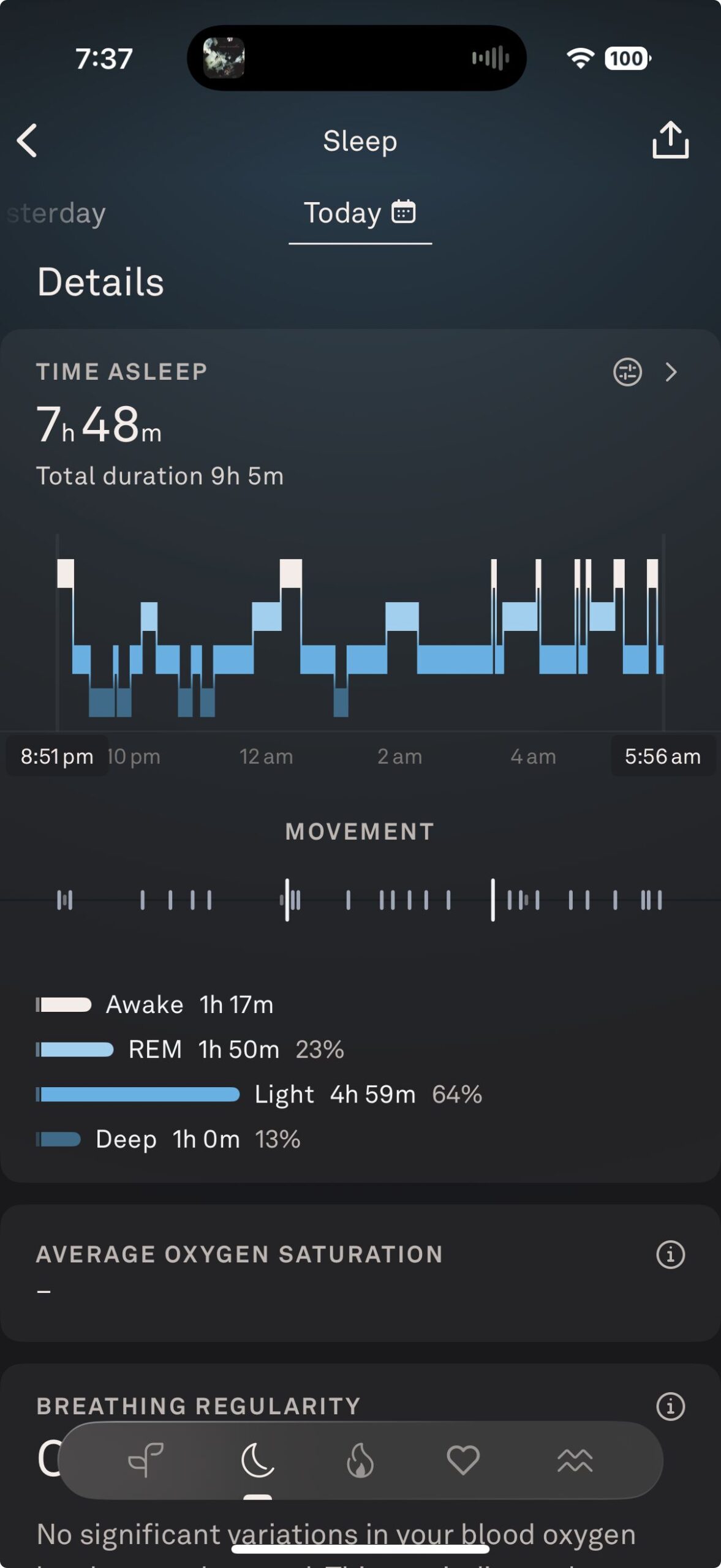 Oura ring sleep tracking data showing 7 hours 48 minutes of sleep with breakdown of REM, light, and deep sleep stages